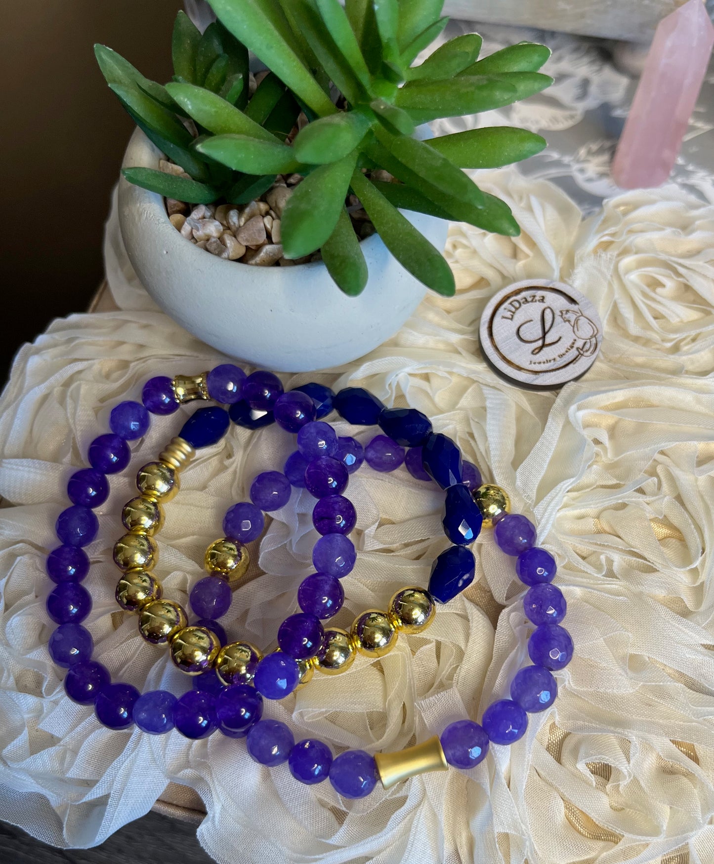 Purple agate/hematite and crystal bracelet trio