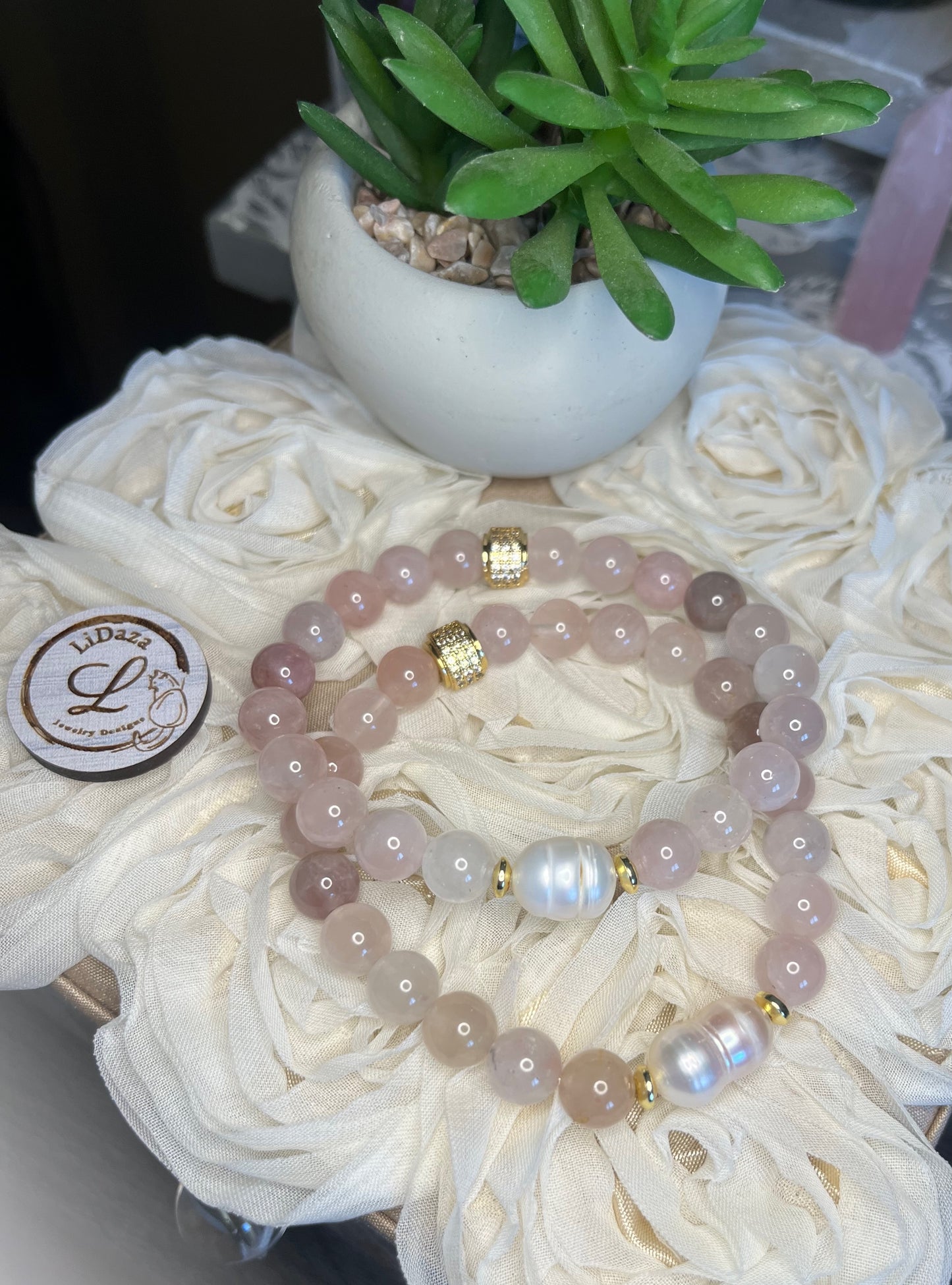 Madagascar rose quartz and freshwater pearl bracelet set