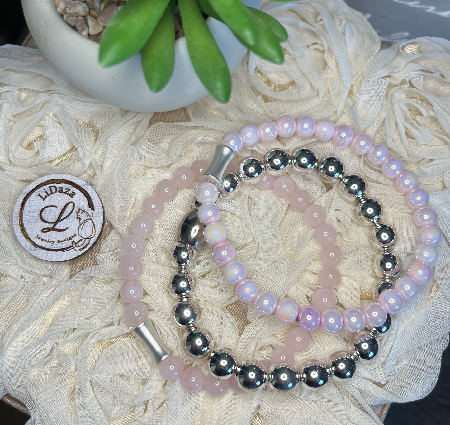 Rose quartz/Hematite/Glass bracelet set