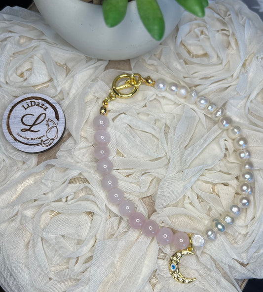 Rose quarts and freshwater pearl bracelet