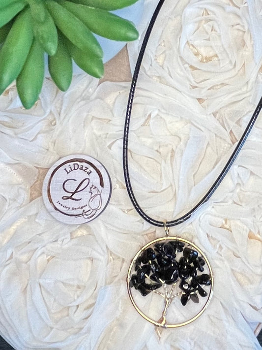Tree of life obsidian gemstone necklace