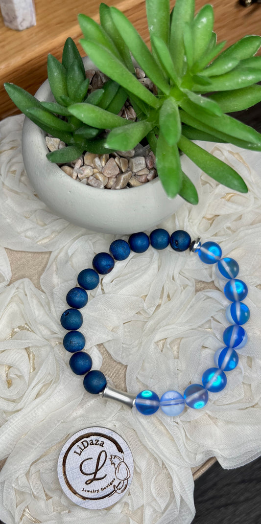 Blue glass and druzy bracelet