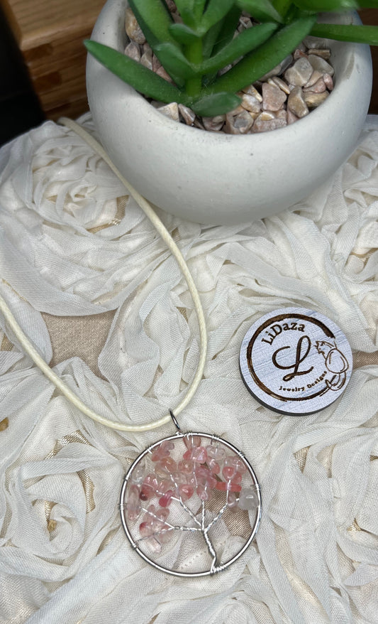Tree of life  cherry quartz gemstone necklace